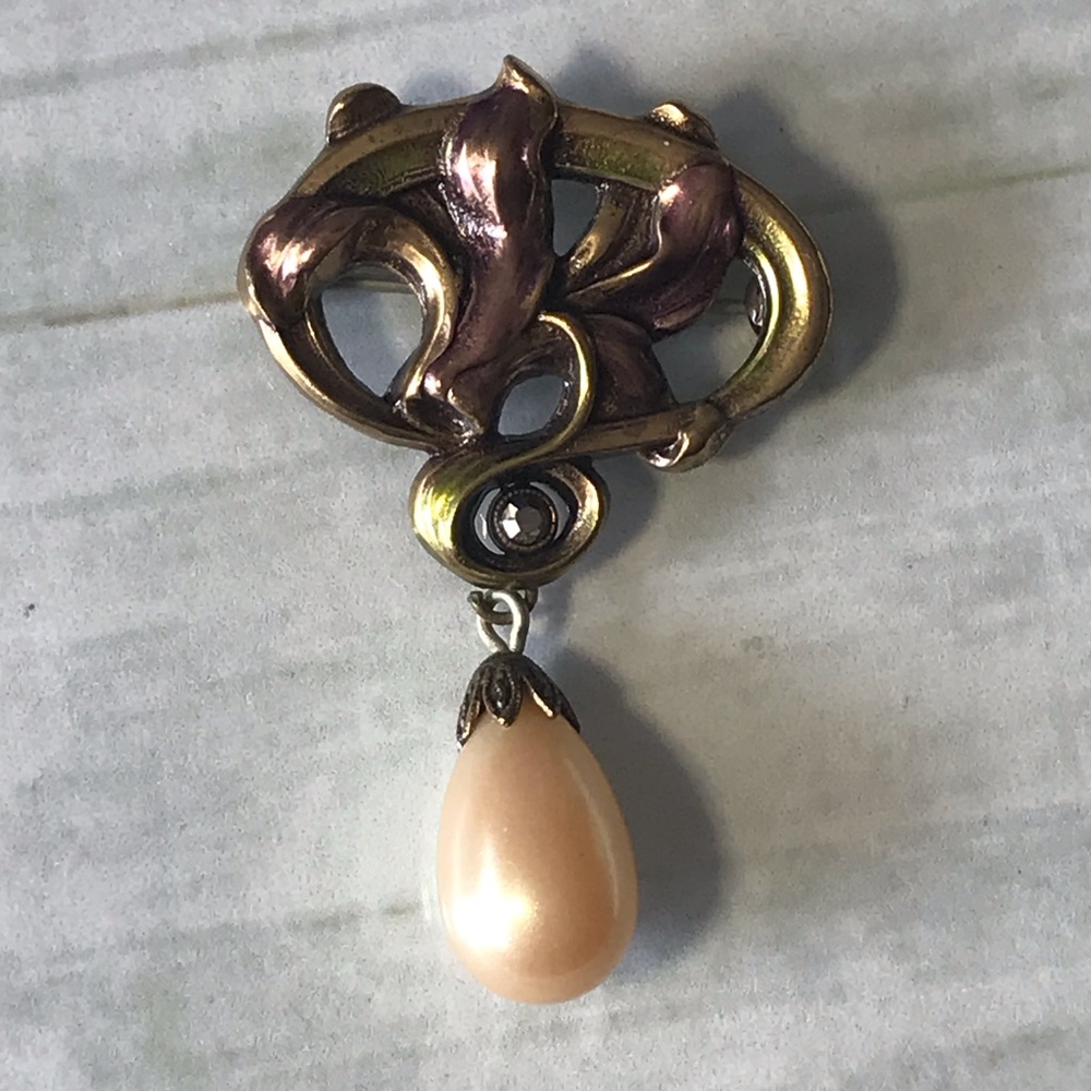 Brooch with Purple Lily and Pearl drop